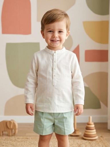 Nekenia Conjunto Bébe Camisa Beig m/l Pantalón Corto Verde 24VB09 [0]