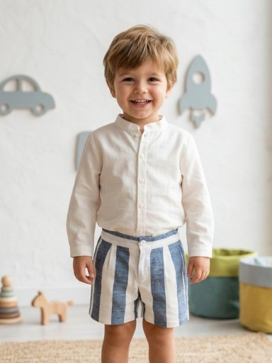 Vera by Nekenia Conjunto  Bébe Camisa Beig Manga Larga Cuello Mao Pantalón Corto Rayas Azul 24VP09 [0]