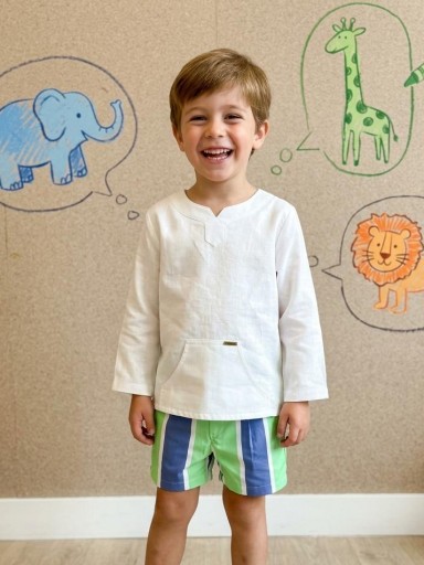 Nekenia Conjunto Niño Camisa Blanca Bolsillos Canguro Pantalón Corto Franjas Azul Verde 23VC27 [0]