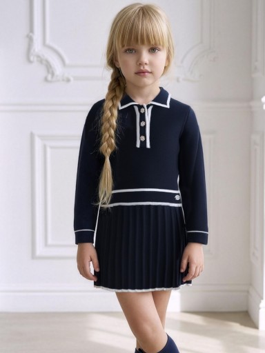 Miranda Vestido Infantil Punto Azul Marino Falda Plisada Tiras Crudo "Moana" 0245/V [0]