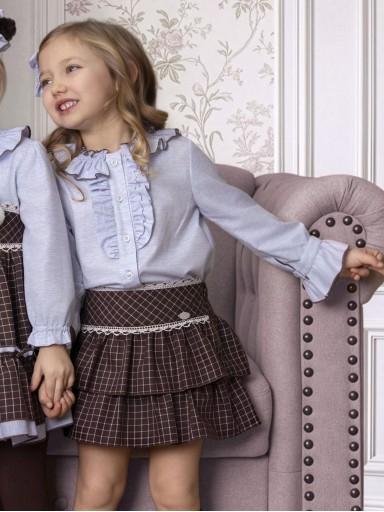Miranda Conjunto Infantil Blusa Celeste Falda Pantalon Volantes Marron Cuadros "Yzma" 0247/23 [0]