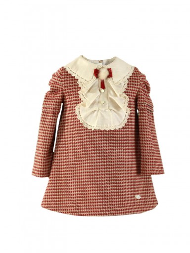 Miranda Vestido Infantil Evasé Granate Pata De Gallo Cuello y Delantero Crudo Lazada Pompom "Juno" 036/0247/V [1]