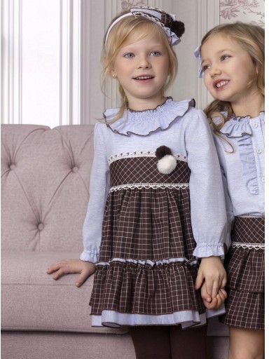 Miranda Vestido Infantil  Ceremonia Cuadros Marrón Mangas Gris Pompones "Yzma" 0247/V [0]