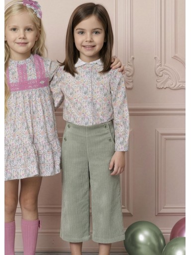Miranda Conjunto Infantil Camisa Estampada Flores Rosa y Verde Pantalon Pana Verde "Tinker Bell" 0248/23 [0]