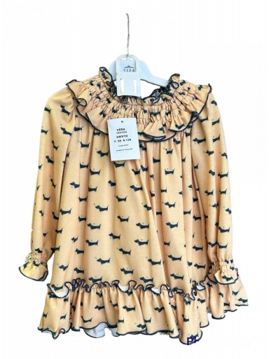 Vera by Nekenia Vestido Niña Evasé Amarillo Estampado Perritos Volante Cuello Bajo 24IV10 [1]