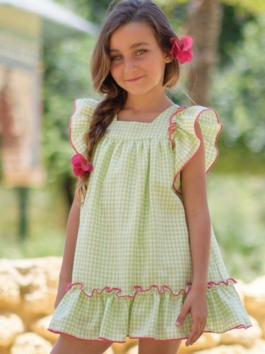 Nekenia Vestido Infantil Sapito Cuadros Vichy Pistacho Volantes Lazada Vivo Fucsia 24VV06 [2]