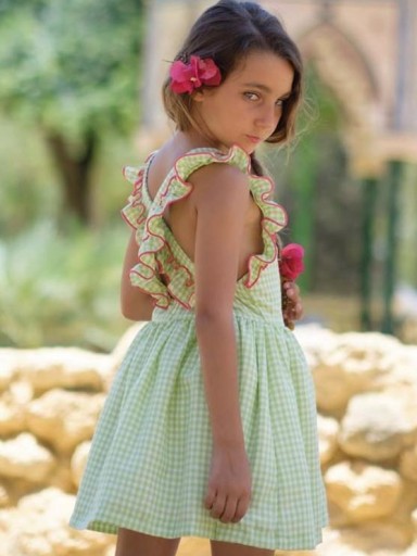 Nekenia Vestido Infantil Sapito Cuadros Pistacho Tirantes Cruzados Espalda Vivos Fucsia 24VV08 [1]