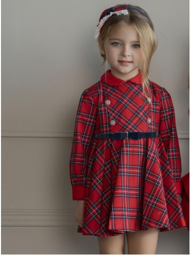 Miranda Vestido Infantil  Ceremonia Rojo Cuadro Escoces Falda Acampanada Botones "Ginger" 0232/V