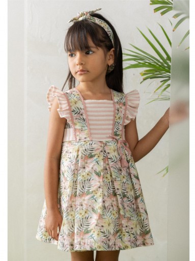 Basmarti Vestido Infantil estampado flores y ramas y rayas rosa 25191 Catalina de Aragón