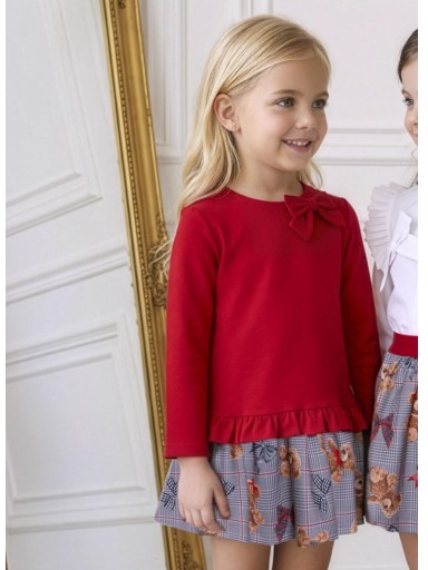 Miranda Vestido Infantil Cuerpo Punto Rojo Falda Gris Estampada Pata de Gallo Ositos "Mirabel" 0252/V [0]