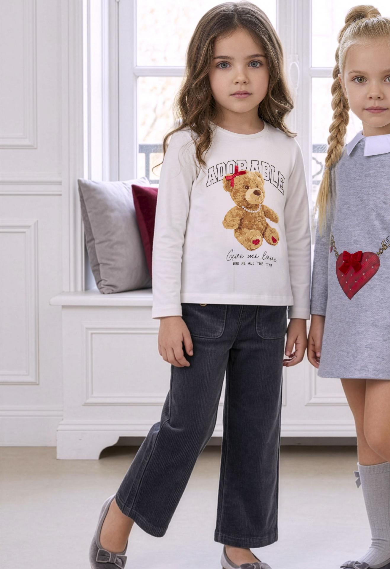 Miranda Conjunto Infantil Camiseta Beig Osita Lazada Pantalon largo Pana Gris "Ursula" 0253/23