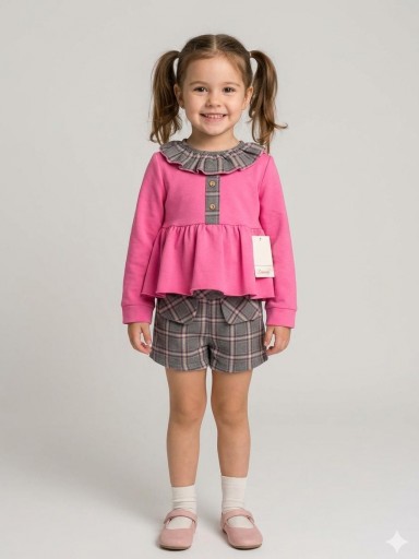 Daniesty Conjunto Infantil Sudadera Punto Rosa Short Cuadros Gris  Familia Rosalia 006 [0]