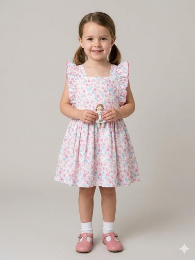 Daniesty Vestido Infantil Tirantes con Volante Estampado Flores Escote Cuadrado Familia Dulce 002