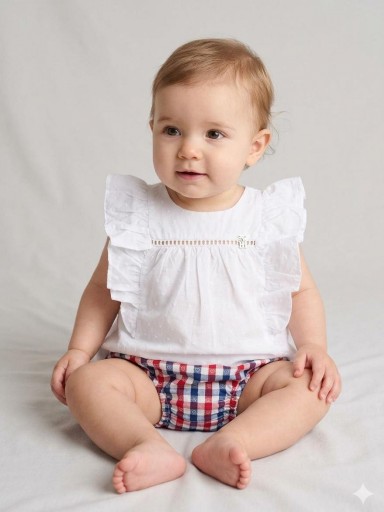 Nekenia Conjunto Bebé Blusa Sin Manga Blanca Braguita Cuadros Corazones 24VC06 Azul/Rojo [0]