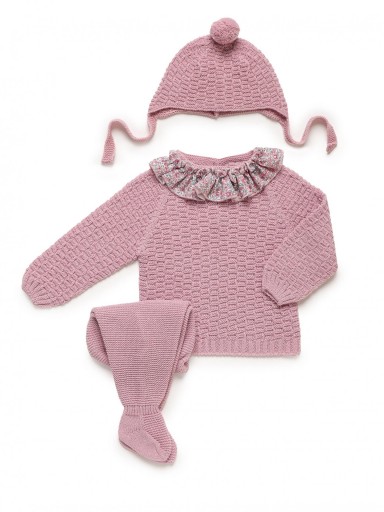 Juliana Vistiendo Bebés Conjunto Jersey, Polaina y Gorro Punto Cuadritos Volante Flores "Danza" 25548 Maquillaje