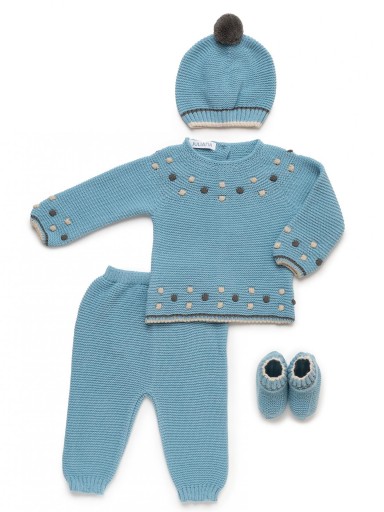 Juliana Vistiendo Bebés Conjunto Jersey, Pantalón y Gorro Punto Bodoques Colores Bota "Serenata" 25553 Azul Nube