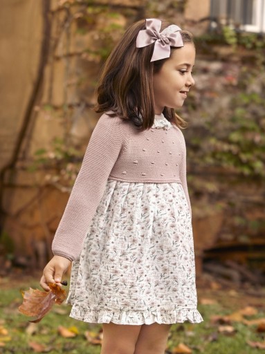Juliana Vistiendo Bebés Vestido Cuerpo Punto Rosa Empolvado Estampado Flores "Arte" 25643 Rosa Empolvado