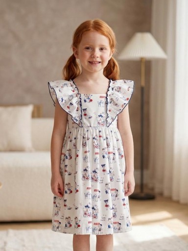 Daniesty Vestido Infantil  Vuelo Estampado Muñecas Volantes Hombros Familia Paris 002 [0]