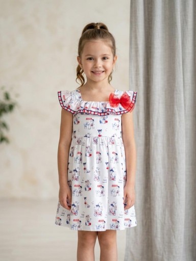 Daniesty Vestido Infantil  Vuelo Estampado Muñecas Volantes Cuello Lazada Tul Rojo  Familia Paris 002 [0]