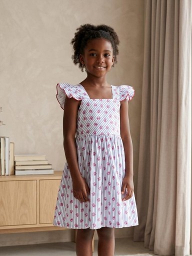 Daniesty Vestido Infantil Vuelo Rayas Estampado Flores  Volante Hombros Familia Tokio 002 [0]