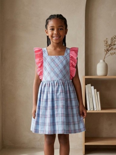 Daniesty  Vestido Infantil Vuelo Estampado Cuadros Azul rosa Volantes Familia  Celeste 002 [0]