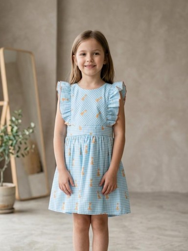 Daniesty  Vestido Infantil Vuelo Estampado Cuadro Vichy  y Jirafas Familia Africa 002 [0]