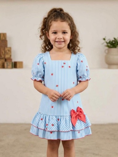 Daniesty  Vestido Infantil Estampado rayas y Fresas Lazada Roja Corte Evase Volantes Bajo Familia Fresia 004 [0]