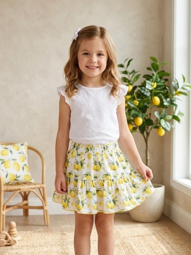 Daniesty Conjunto Falda Estampado Limones Blusa Plumeti Sin Mangas Blanca  Familia Garden 015 [0]