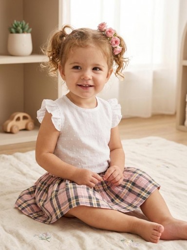 Daniesty Conjunto Falda Braga Cuadros Marino y Rosa Blusa Plumeti Sin Mangas Blanca  Familia Clara 014 [0]