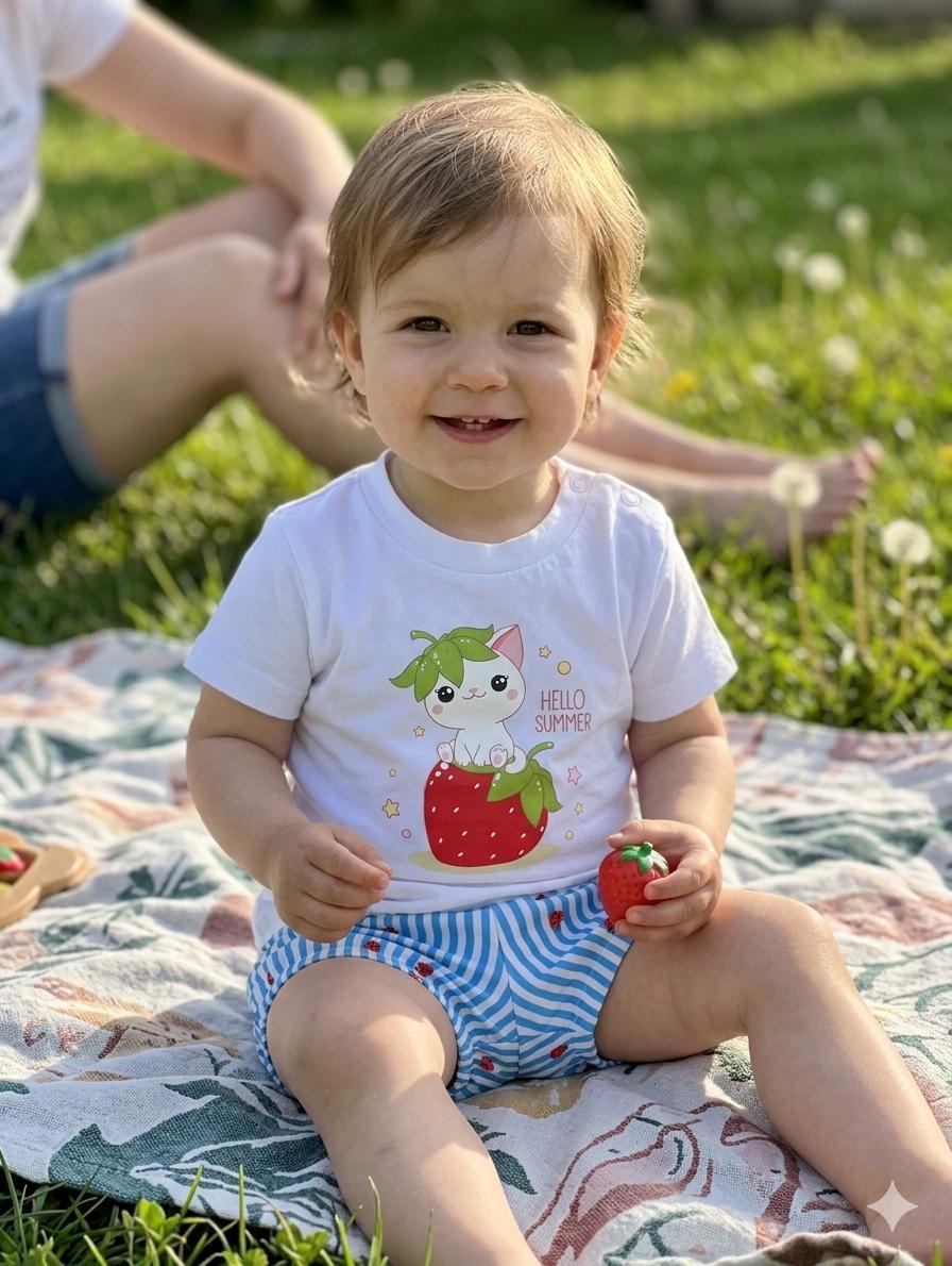 Daniesty Conjunto Niño Camiseta Blanca Serigrafia Pantalon Estampado rayas y Fresas Familia Fresia 007