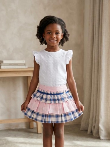 Daniesty Conjunto Falda Cuadros Azul y Rosa Blusa Plumeti Sin Mangas Blanca  Familia Clara 014 [0]