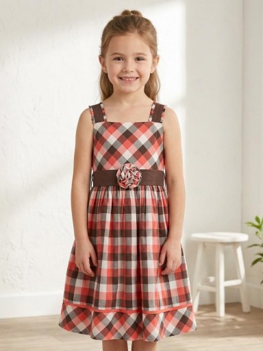 Daniesty Vestido Infantil Vuelo Cuadros Marron Y Rojo Roseton Tela Familia Carmen 002 [1]
