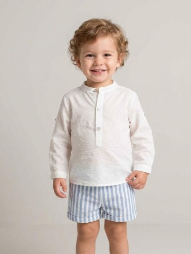 Nekenia Conjunto Bebé Camisa M/L Plumeti Blanco Pantalon Corto Rayas 24VC19 Azul  [0]