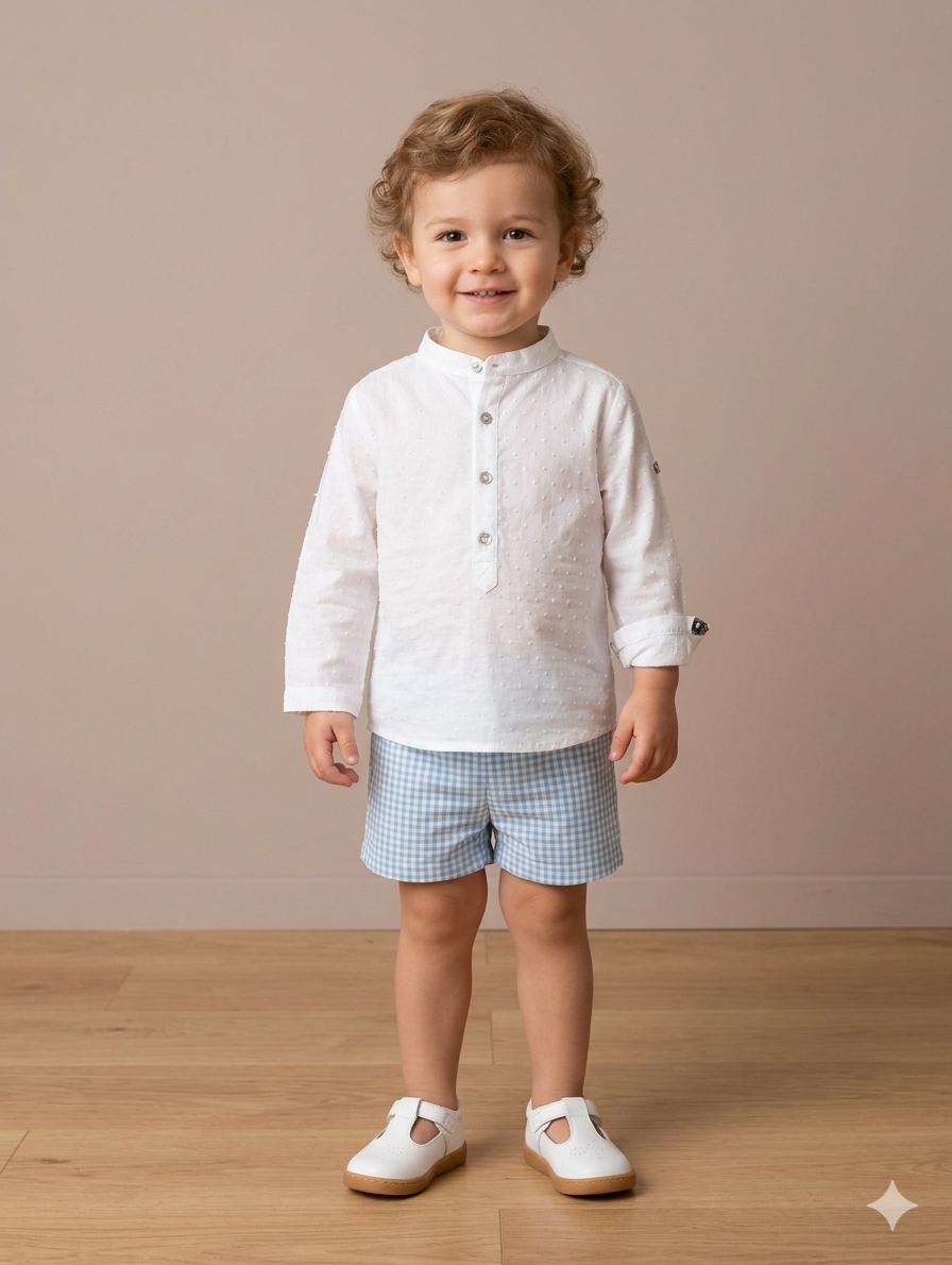 Nekenia Conjunto Bebé Camisa M/L Plumeti Blanco Pantalon Corto Cuadro Vichy 24VC19 Azul