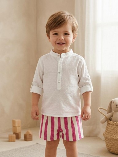 Vera by Nekenia Conjunto  Bébe Camisa Beig Plumeti Cuello Mao Pantalón Corto Rayas Fucsia 24VP09 [0]