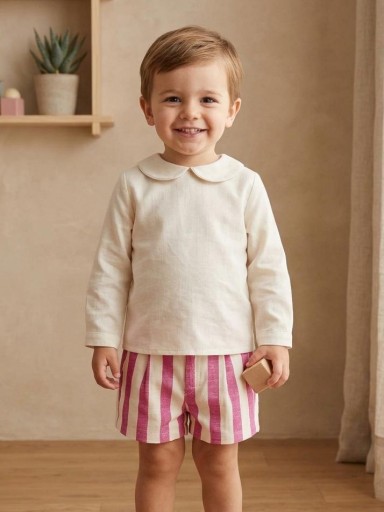 Vera by Nekenia Conjunto  Bébe Camisa Beig Cuello Bebe Botones Traseros Pantalón Corto Rayas Fucsia 24VP09 [0]