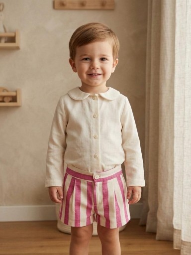 Vera by Nekenia Conjunto  Bébe Camisa Beig Cuello Bebe Botones Delanteros Pantalón Corto Rayas Fucsia 24VP09 [0]