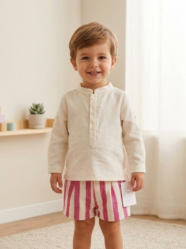 Vera by Nekenia Conjunto  Bébe Camisa Beig Cuello Mao Pantalón Corto Rayas Fucsia 24VP09 [0]