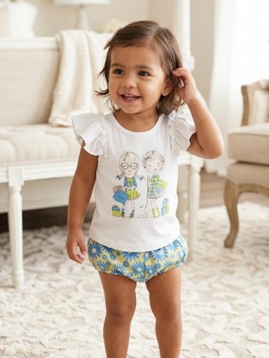 Vera by Nekenia Conjunto bebe Camiseta Blanca Chicas Braguita Flores Azul Amarillo 24VC09 [0]