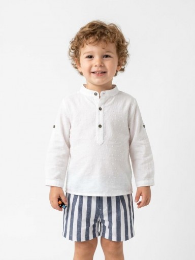 Nekenia Conjunto Bebé Camisa M/L Plumeti Blanco Pantalon Corto Rayas 24VC19 Marino [0]