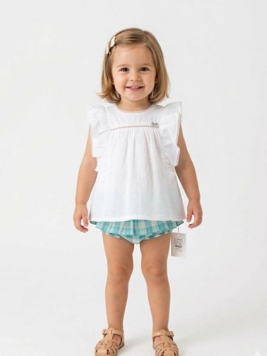 Nekenia Conjunto Bebé Blusa Sin Manga Blanca Braguita Sobrefalda Cuadros 24VC06 Verde [0]