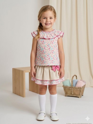 Daniesty Conjunto Infantil Falda Volantes Estamapdo y Cuadro Vichy Blusa Estampado Flores Familia Dulce