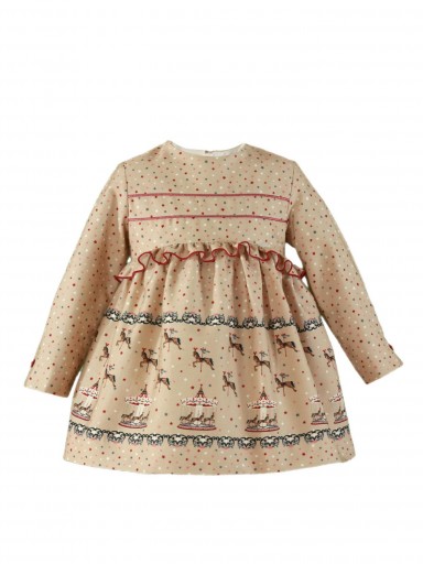 Miranda Vestido Infantil Beig Estampado Carrusel Volante Ribete Rojo "Aura" 036/0259/V [1]