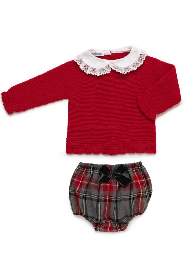 Juliana Vistiendo Bebés Conjunto  Jersey Rojo Ranita Cuadros Lazada Terciopelo "Melodía" 25596