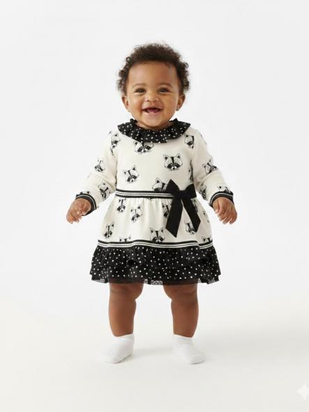 Basmarti Vestido Bebé Estampado Mapache Blanco volantes Negro topos Lunada 22322