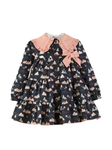 Miranda Vestido Infantil Marino Vuelo Estampado Casitas Cuello Lazada Rosa "Anubis" 036/0260/V