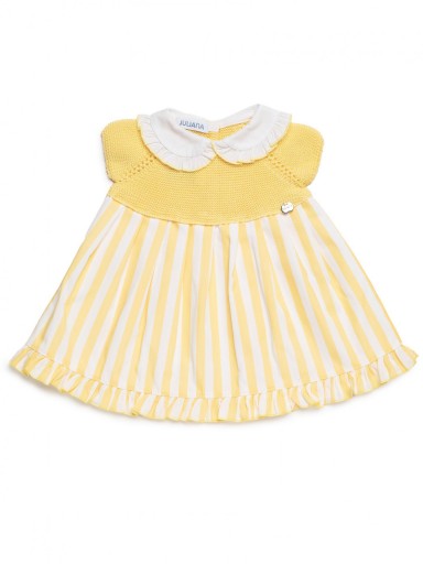 Juliana Vistiendo Bebés Vestido Cuerpo Punto Falda Tela Rayada Amarillo Cuello "Limón" 26122 [2]