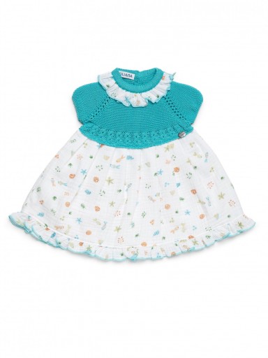 Juliana Vistiendo Bebés Vestido Cuerpo Punto Falda Blanca Tela Mar "Melón" 26127 [1]