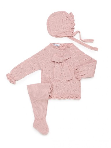 Juliana Vistiendo Bebés Conjunto Punto Polaina 3P Jersey Rosa Lazada y Gorro "Larina" 26541 [1]