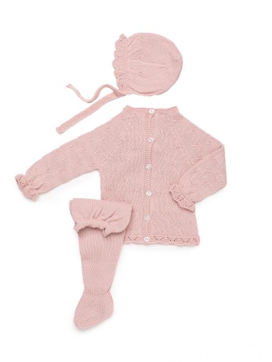 Juliana Vistiendo Bebés Conjunto Punto Polaina 3P Jersey Rosa Lazada y Gorro "Larina" 26541 [2]